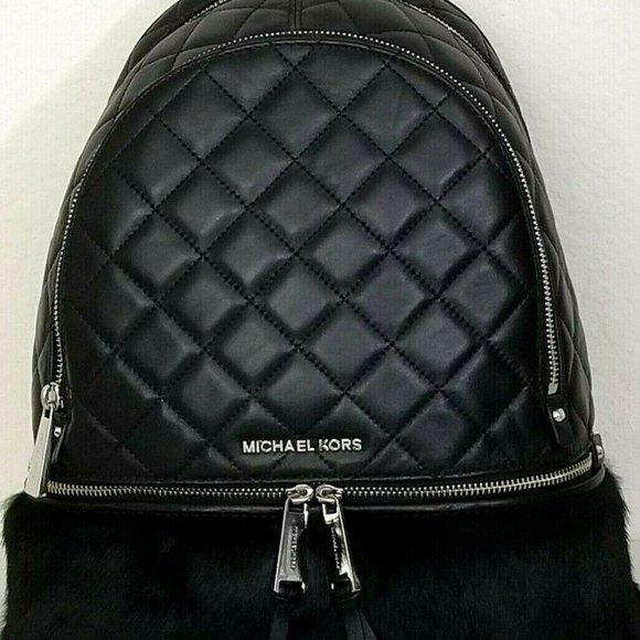 MICHAEL KORS RHEA ZIP MEDIUM BACKPACK BLACK QUILT LEATHER RABBIT FUR BAG NWT! - Picture 4 of 12